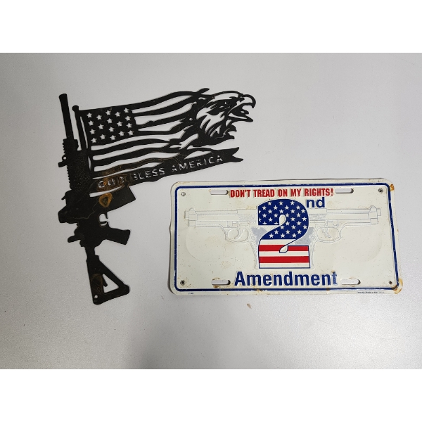 "2nd Amendment" License Plate & "God Bless America" Metal Hanging Sign