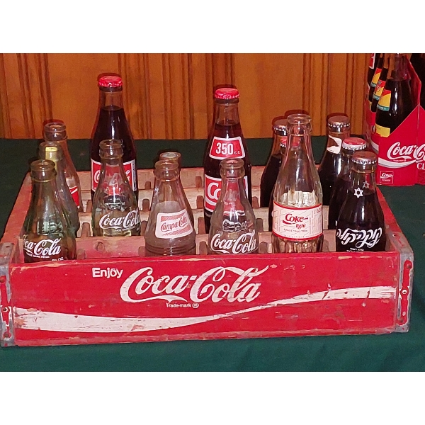Vintage 1970s Coca Cola "The Wave wooden 24 Bottle Crate with Selection Of Bottles Incl Foreign Coke