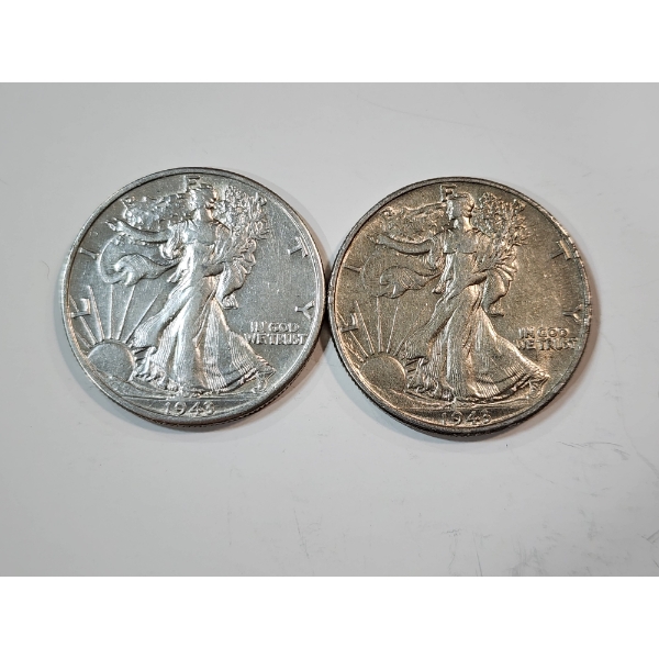 Two Walking Liberty 90% Silver Half Dollars: 1943-D & 1943 FV: $1.00