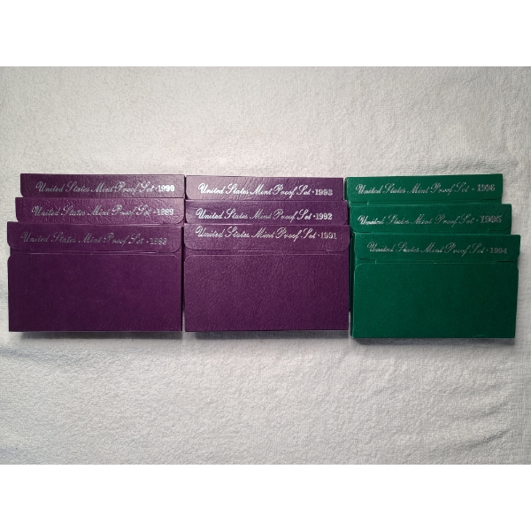 Lot of 9 Assorted United States Proof Sets Dated 1988 - 1996