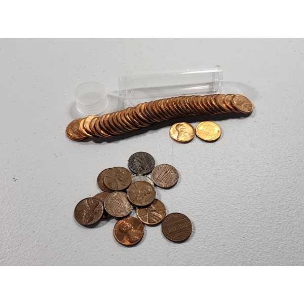 Assortment of U.S. Cents: x39 Proof-Like Wheat Cents in Tube, x12 Loose Assorted