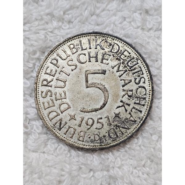 1951-D German Federal Republic 5 Deutsche Mark Coin - ASW .2251