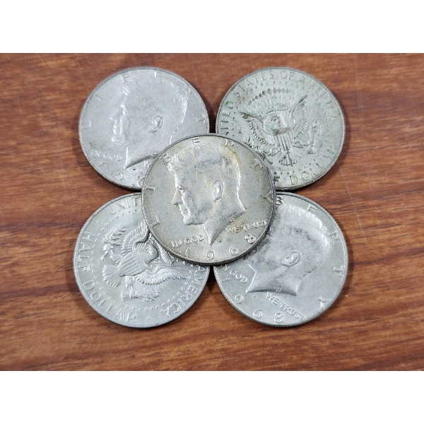 Five Assorted 40% Silver Kennedy Half Dollars