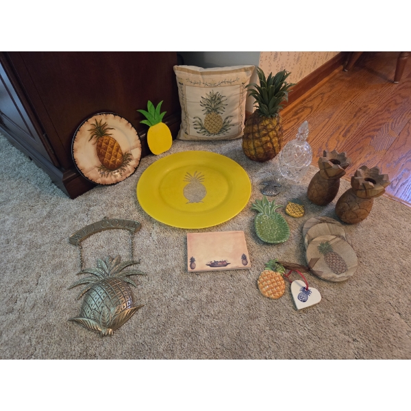 PICKUP IN CANTON - Pineapple Collection Including, Plates, Candle Holders, Pillow, Welcome Sign, 