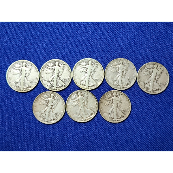 x8 Assorted Years 90% Silver Walking Liberty Half Dollars FV: $4.00