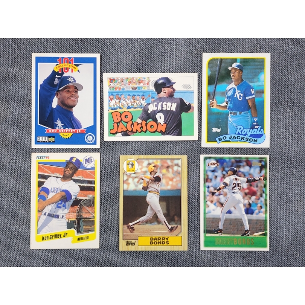 Six Assorted Baseball Trading Cards Ft. Two Bo Jackson, Two Ken Griffey Jr. & Two Barry Bonds!