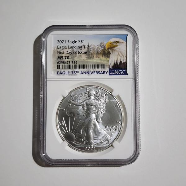 NGC MS70 Graded 2021 Silver 1 Oz American Eagle First Day of Issue Eagle Landing Design