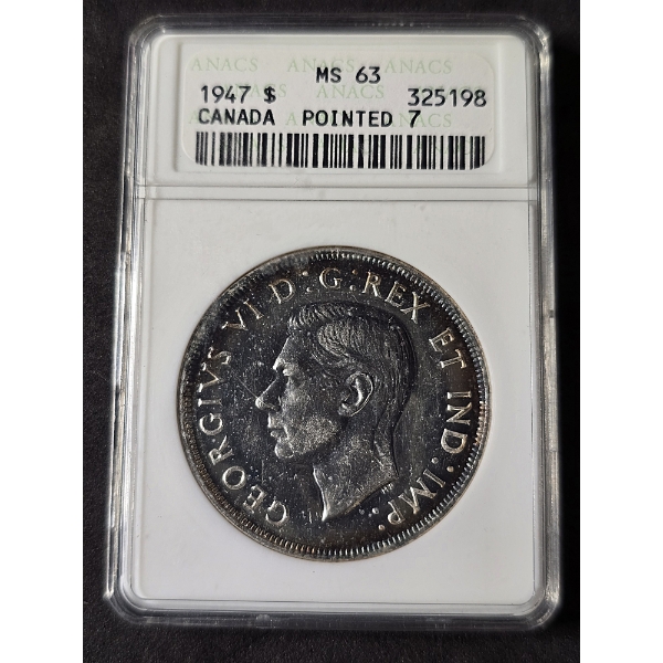RARE HG 1947 Canada Silver Dollar - Pointed 7 Variety - ANACS MS63 Graded