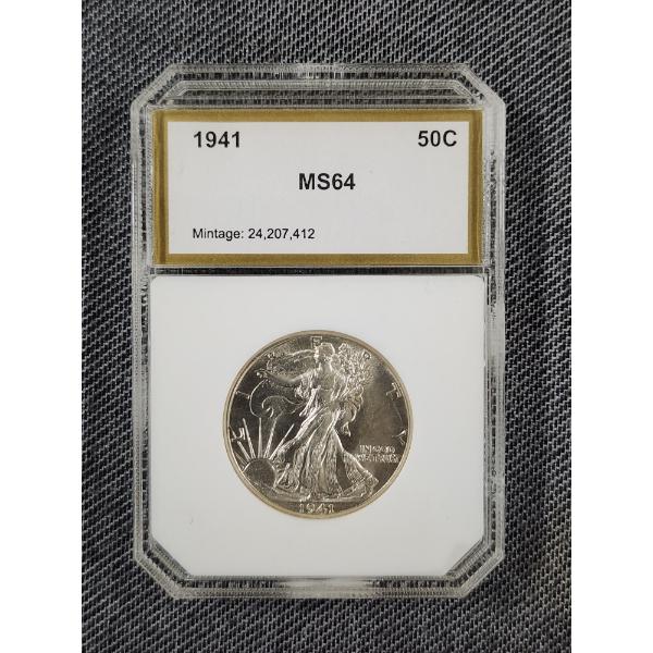 PCI GRADED MS64 United States 1941 Walking Liberty 90% Silver Half Dollar