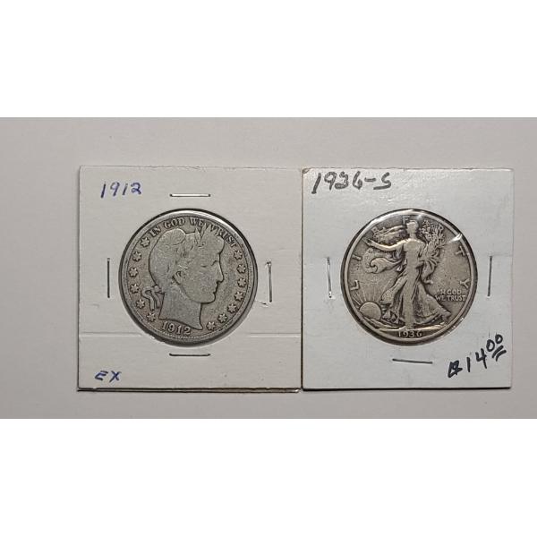 1912 90% Silver Barber Half Dollar & 1936-S 90% Silver Walking Liberty Half Dollar - Face Value: $1