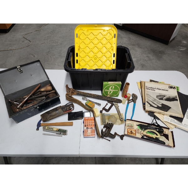 Lot of Assorted Tools, Parts, Sandpaper, Toolbox, and Small Storage Bin