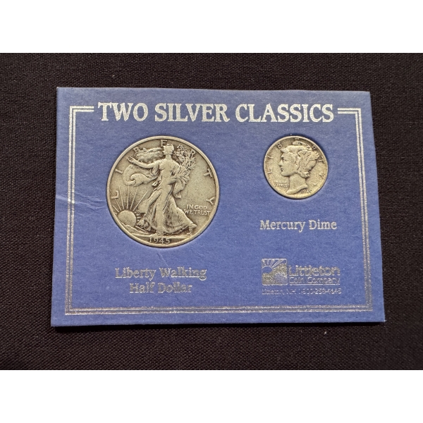 1945 United States Walking Liberty Silver Half Dollar & Mercury Dime - Face Value .60 Cents