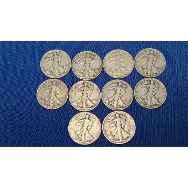 Assorted Years 90% Silver Walking Liberty Half Dollars - Face Value: $5.00