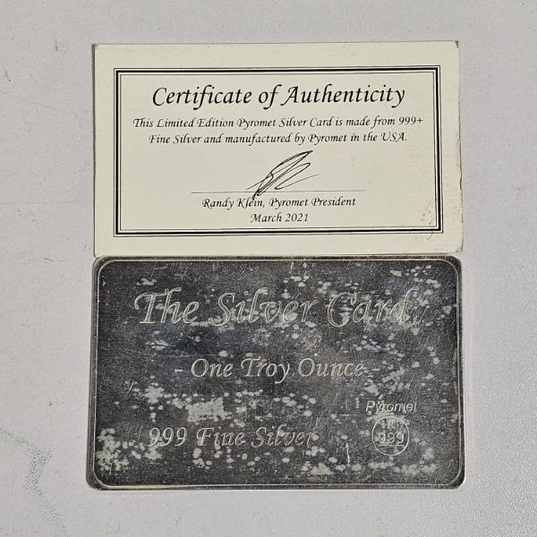 Pyromet The Silver Card One Troy Ounce 999 Fine Silver Bullion With Certificate Of Authenticity