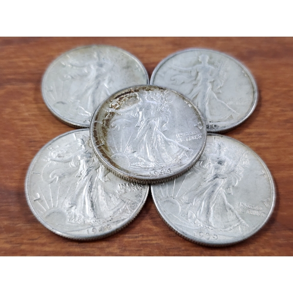 Five 90% Silver Walking Liberty Half Dollars in Great Condition - $2.50 Face Value