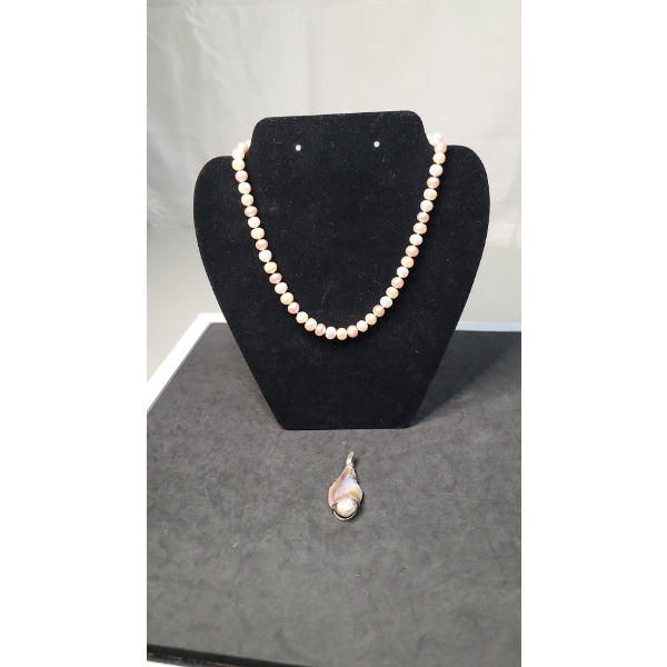 Sterling Silver Wrapped Pearl Pendant & Pearl Necklace