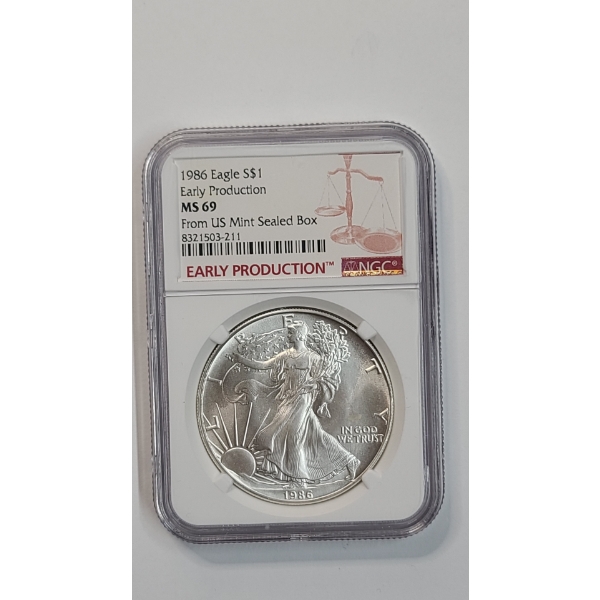 NGC 1986 Early Production MS 69 1 Troy Ounce .999 Fine Silver American Eagle From US Mint Sealed Box