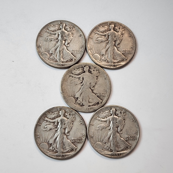 Five Assorted Years 90% Silver Walking Liberty Half Dollars - Face Value: $2.50