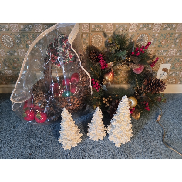 PICKUP IN CANTON - Pinecone Basket, Wreath, And 3 Resin Trees. All In Excellent Condition  