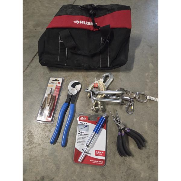 Small Canvas Cinch Husky Bag, With Nail Punch, Drill Bit Set, Nipper Set & More