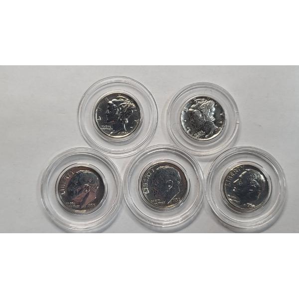 Assorted Years/Mint Marks 90% Silver Mercury & Roosevelt Dimes In Coin Capsules - Face Value: $0.50