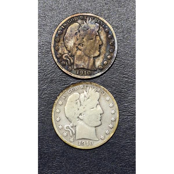 2 Pc Barber (Liberty Head) Half Dollars 90% Silver - 1910 P / S - See Pics