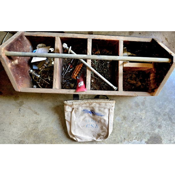 Assorted Fasteners incl Nails, Bolts and More in Vintage Wooden Tool Box