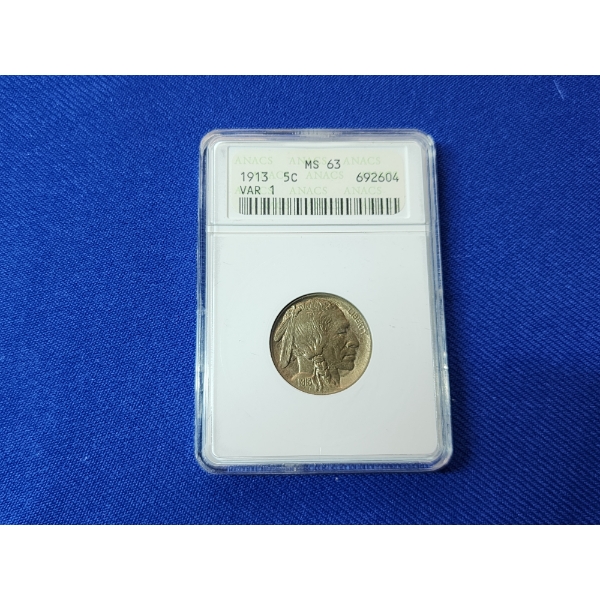 1913 Buffalo Nickel Variety 1 - "FIVE CENTS" Raised Ground ANACS MS 63 