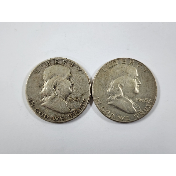 Two 90% Silver United States Franklin Half Dollars ~ 1951 & 1963-D ~ $1.00 Face Value
