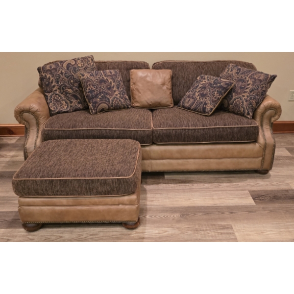 7' Leather and Cloth Couch with Ottoman - 37" Deep - Ottoman 24x30