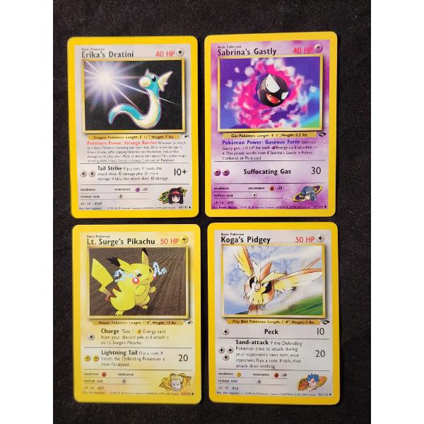 Four Vintage Gym Challenge Era Pokemon Trading Cards Ft. Erika's Dratini, Surge's Pikachu & More!