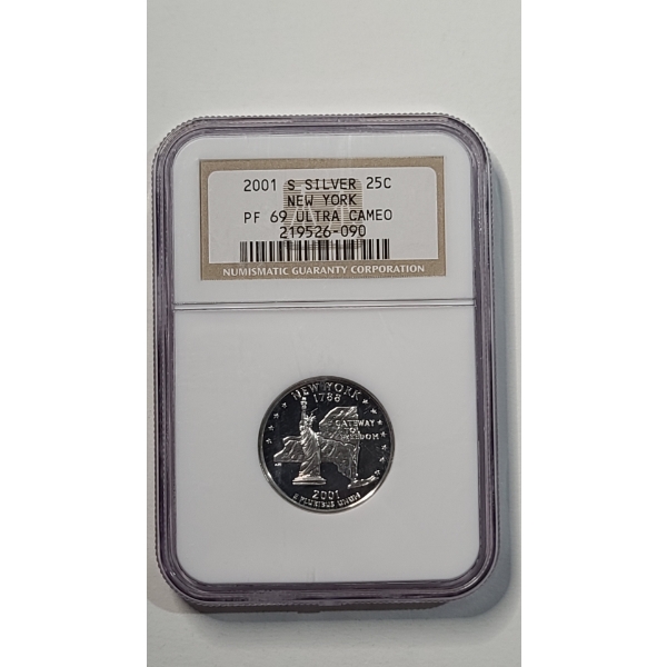 NGC 2001-S PF 69 ULTRA CAMEO 90% Silver New York State Quarter
