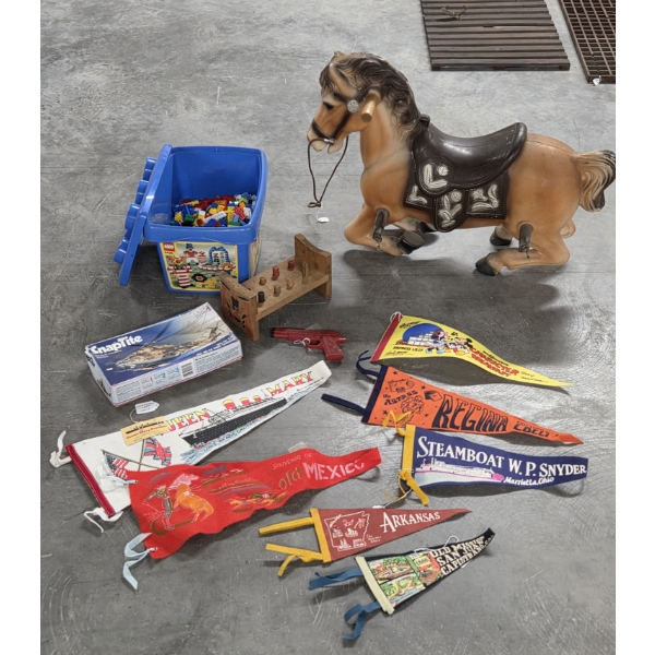 Vintage Toys Including Legos, Rocking Horse, Pennant Collection And More!