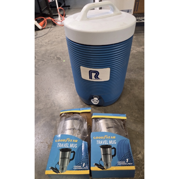 New 2 Gallon Drink Cooler & Two Heated Goodyear Travel Mugs