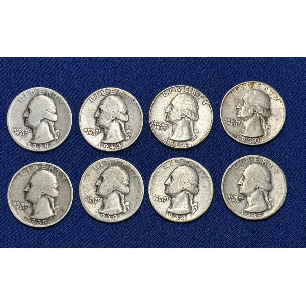 x8 Assorted Years 90% Silver Washington Quarters FV: $2.00