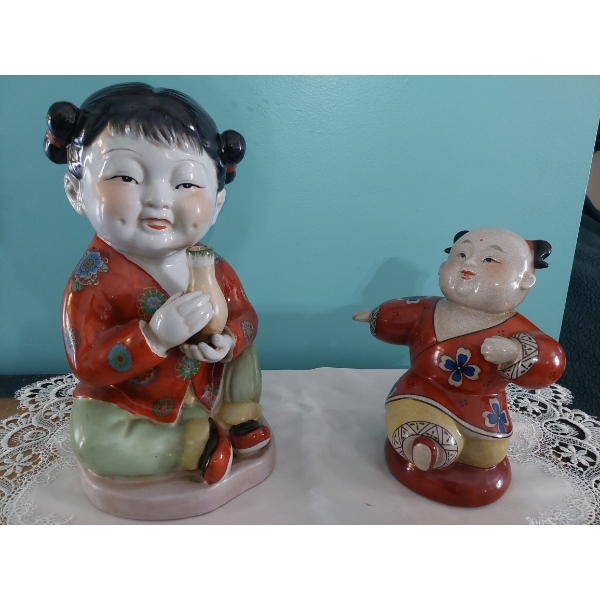 2 Pc Chinese Porcelain Figures 12" & 8"