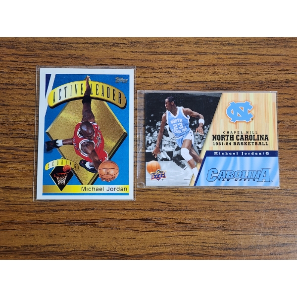 2 Micheal Jordon Basketball Cards - Topps Active Leader Card & Upper Deck North Carolina Card