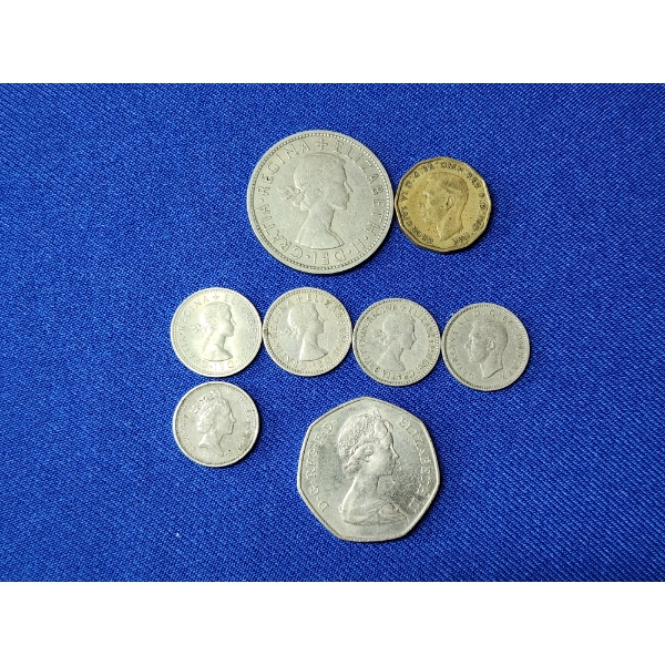 Lot of Assorted UK Coins: 6 Pence, 50 Pence, 5 Pence, 1/2 Crown, 3 Pence