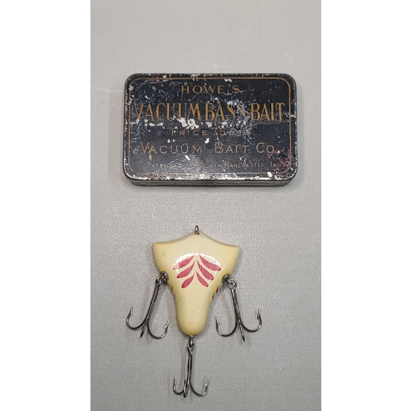 Vintage Howe's Red & White Vacuum Bait Fishing Lure With Tin
