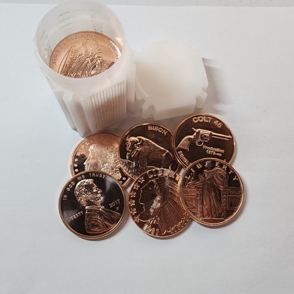 Tube Of (20) 1 ADVP Ounce .999 Fine Copper Rounds With Assorted Motifs 