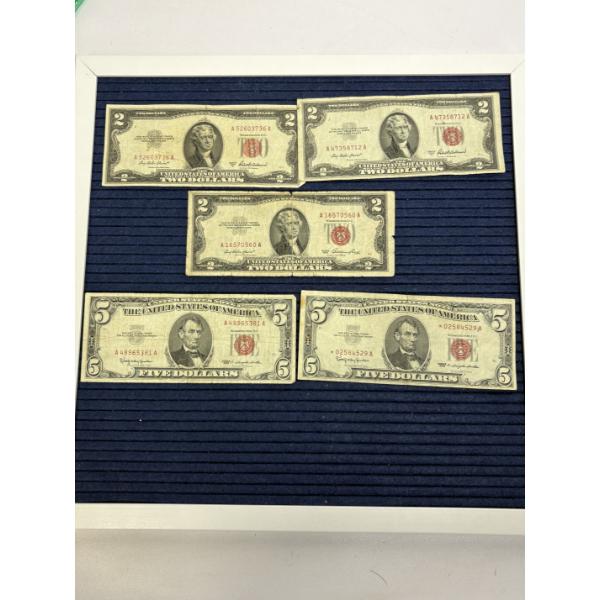 United States two-dollar bills featuring a Red Seal (3) - $5 Red Seal notes (2) - 1953- 1953A (2) 