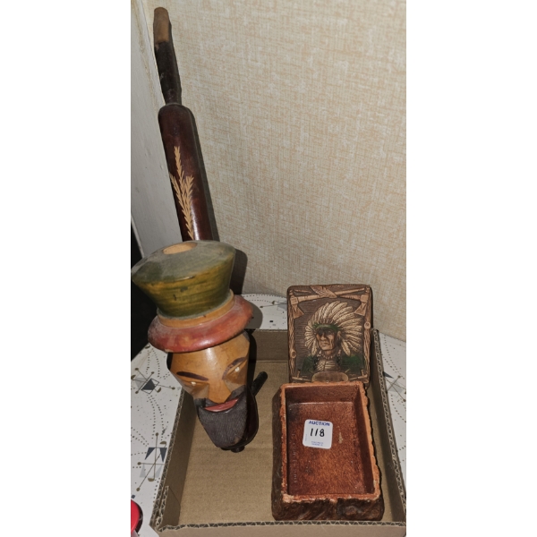 Carved Wooden Pipe and Native American Themed Box