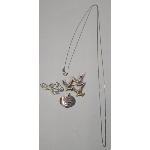 Sterling Silver 30" Necklace, Pendant & Brooches Featuring Beau Seagull Flock Brooch- TW 12.7 Grams