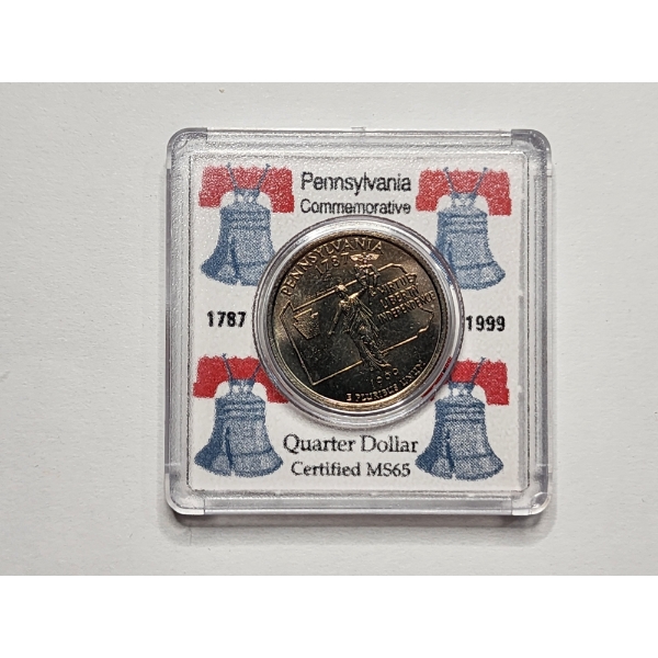 1999 Pennsylvania Commemorative United States Quarter Dollar in Certified MS65 Case