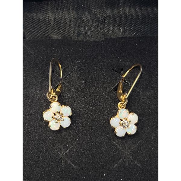 14K Gold Opalite Flower Drop Dangle Earrings - Weight: 1.4g