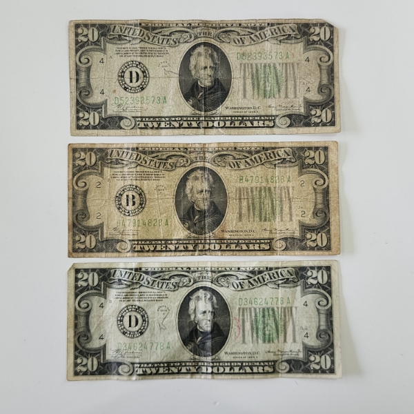 Three United States Green Seal 1934 $20 Federal Reserve Notes - Face Value $60.00