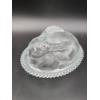 Image 1 : Indiana Glass clear bunny rabbit on a nest candy dish featuring a textured, two-piece pressed glass 