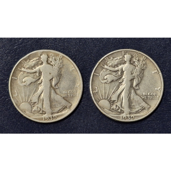 2 pcs  90% Silver Halves -  1939 P / 1939 D  Walking Liberty Half Dollars - See Pictures