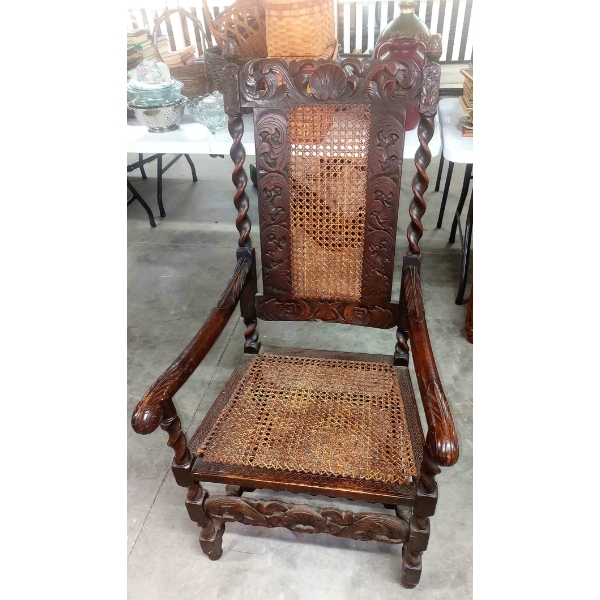 Important Antique Intricately Worked Tall Cane Seat & Backed Wooden Arm Chair 1st of 2 Offered 
