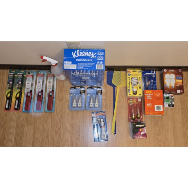 Household Items Bundle incl Light Bulbs, Kleenex, Lighters and More